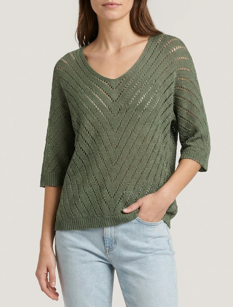 Maglione in maglia leggera con scollo a V - Kaki