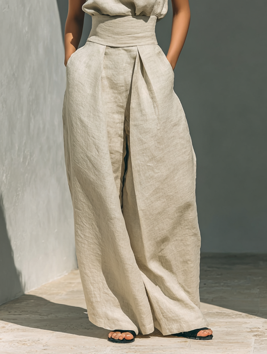 Set composto da camicetta senza maniche e pantaloni a gamba larga in misto cotone e lino. - Brisae Beillini