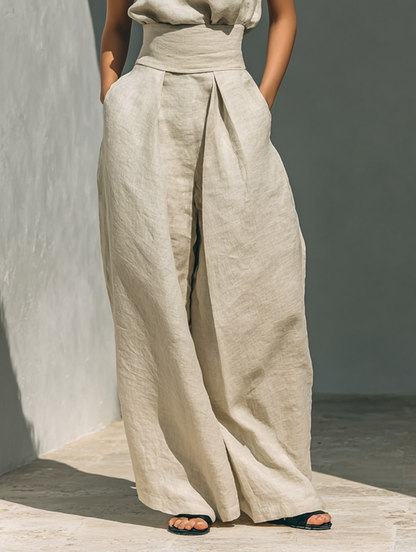 Set composto da camicetta senza maniche e pantaloni a gamba larga in misto cotone e lino. - Brisae Beillini