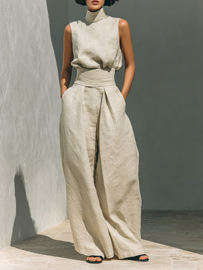 Set composto da camicetta senza maniche e pantaloni a gamba larga in misto cotone e lino. - Brisae Beillini