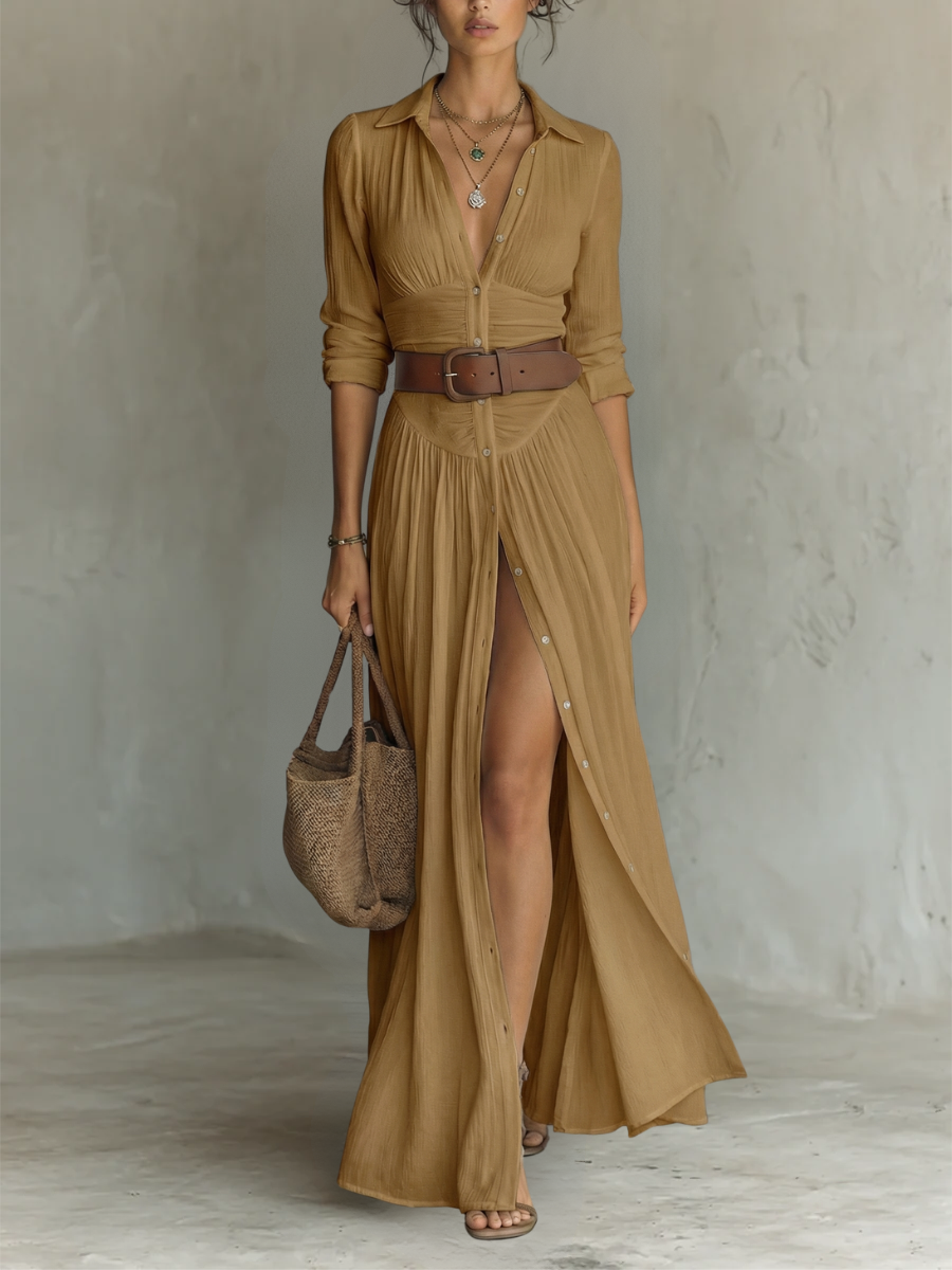 Abito Maxi Elegante con Rever e Maniche Lunghe in Lino per Donna