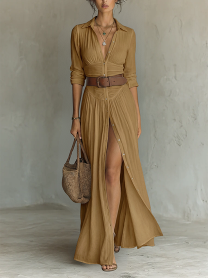Abito Maxi Elegante con Rever e Maniche Lunghe in Lino per Donna