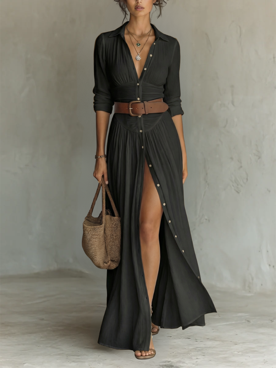 Abito Maxi Elegante con Rever e Maniche Lunghe in Lino per Donna