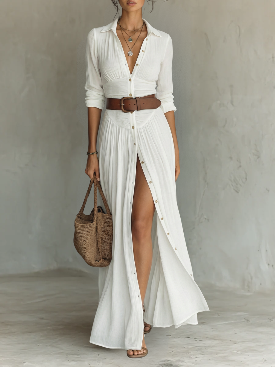 Abito Maxi Elegante con Rever e Maniche Lunghe in Lino per Donna