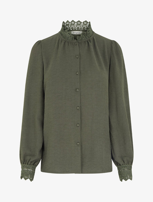 Blusa fluida con collo mao in pizzo - Kaki