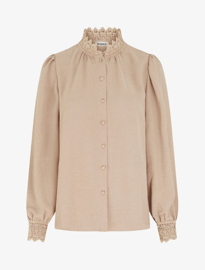 Blusa fluida con collo mao in pizzo - Beige