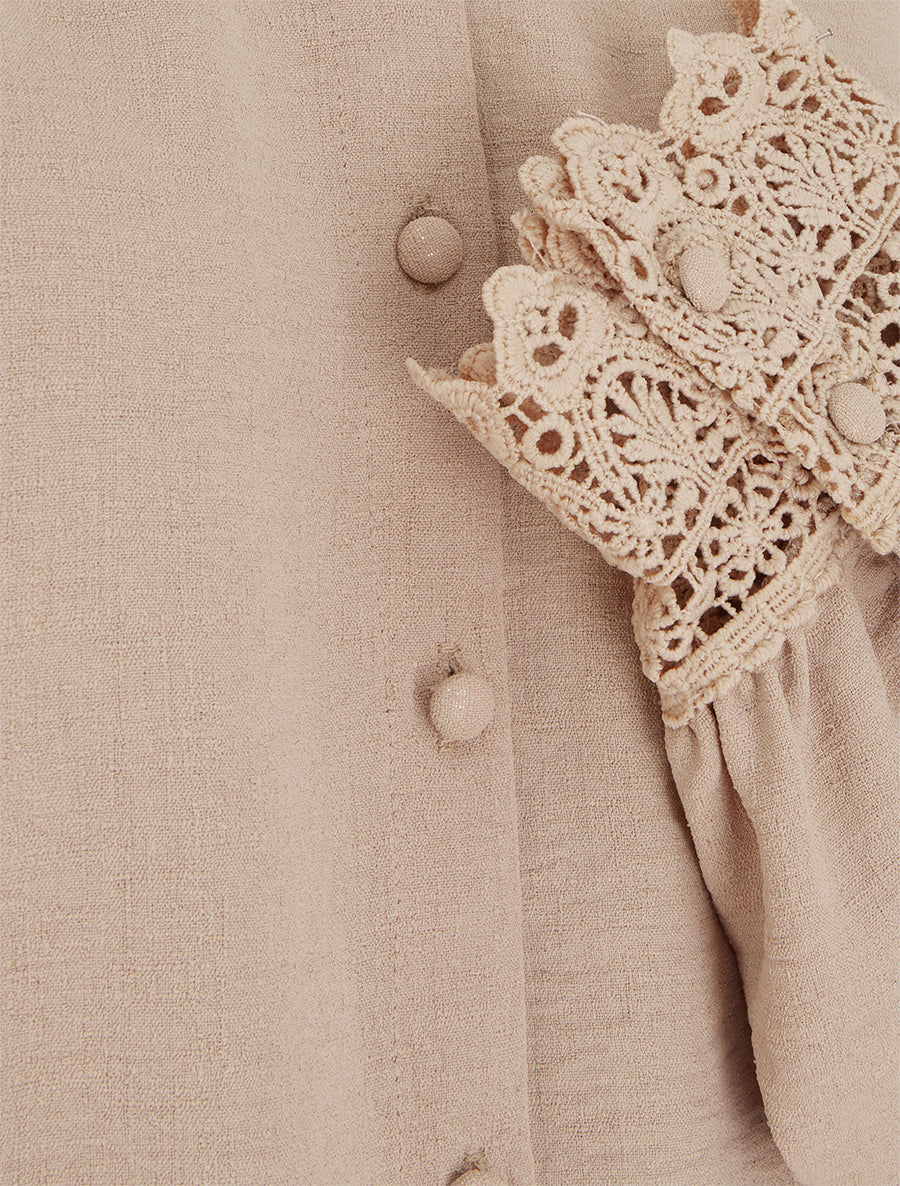 Blusa fluida con collo mao in pizzo - Beige