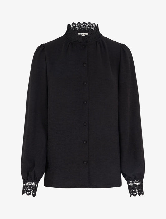 Blusa fluida con collo mao in pizzo - Nero