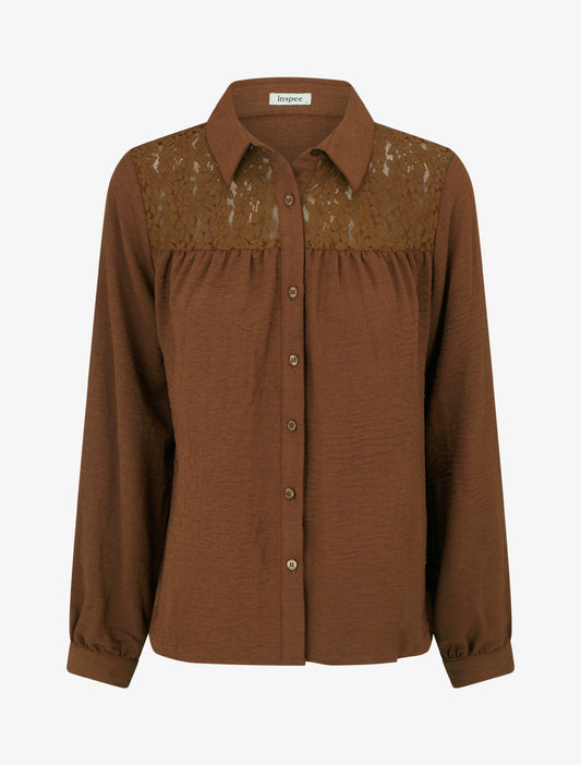 Camicia fluida con inserto in pizzo - Cammello scuro