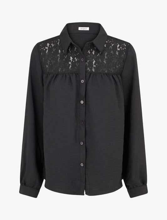 Camicia fluida con inserto in pizzo - Nero