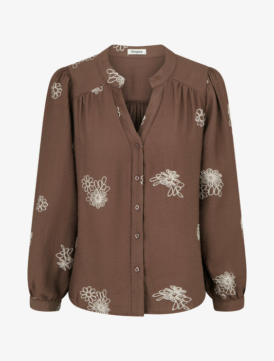 Blusa fluida con ricami floreali - Marrone