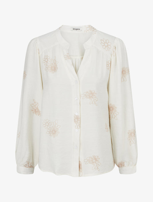 Blusa fluida con ricami floreali - Ecru