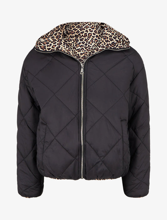 Piumino trapuntato con zip e fodera leopardata - Nero