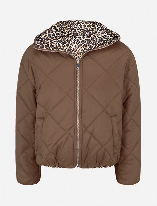 Piumino trapuntato con zip e fodera leopardata - Marrone chiaro