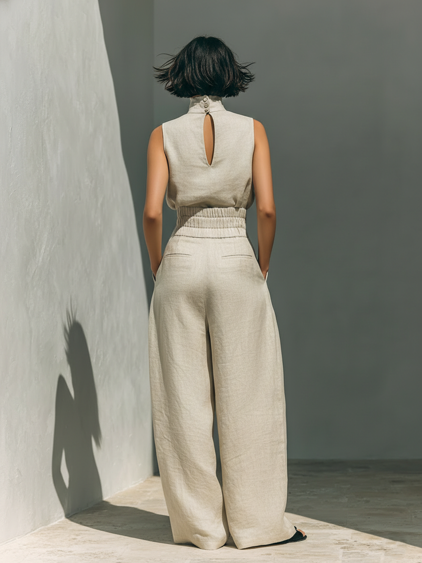 Set composto da camicetta senza maniche e pantaloni a gamba larga in misto cotone e lino. - Brisae Beillini