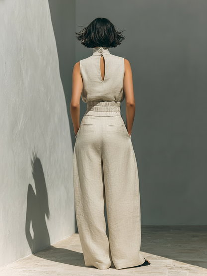 Set composto da camicetta senza maniche e pantaloni a gamba larga in misto cotone e lino. - Brisae Beillini