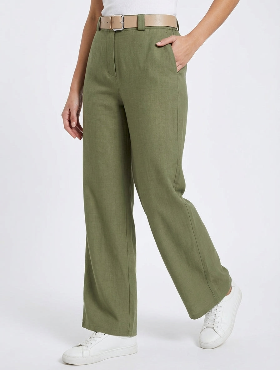 Pantalone dritto tinta unita elasticizzato - Kaki - Brisae Bellini