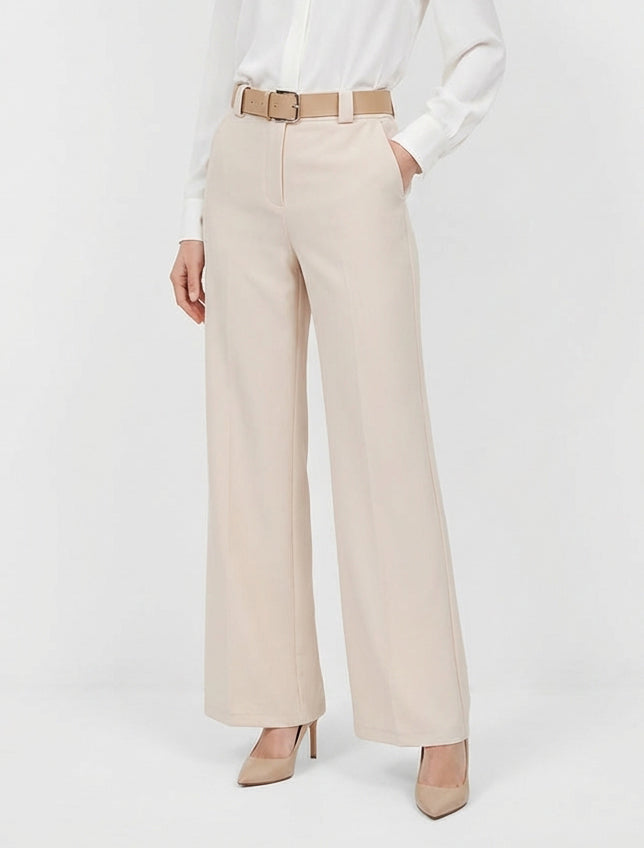 Pantalone dritto tinta unita elasticizzato - Beige - Brisae Bellini