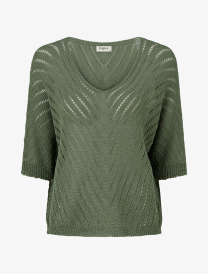 Maglione in maglia leggera con scollo a V - Kaki