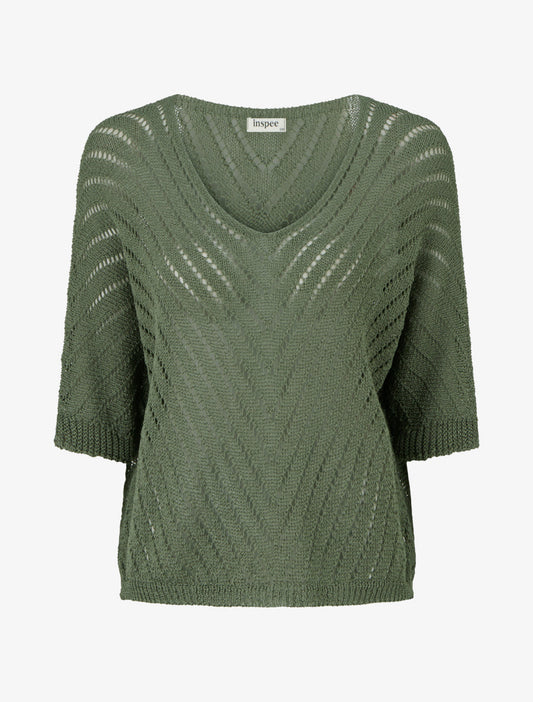 Maglione in maglia leggera con scollo a V - Kaki