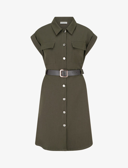 Abito camicia a trapezio maniche corte - Kaki