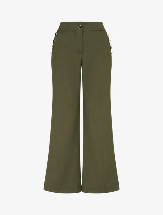 Pantalone flare vita alta con bottoni decorativi dorati - Kaki