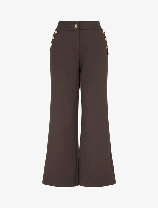 Pantalone flare vita alta con bottoni decorativi dorati - Marrone