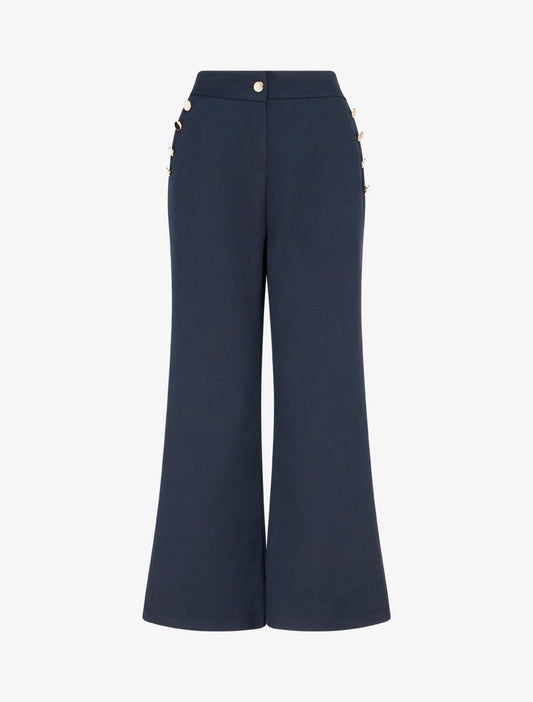Pantaloni a vita alta taglio flare con bottoni decorativi dorati - Blu
