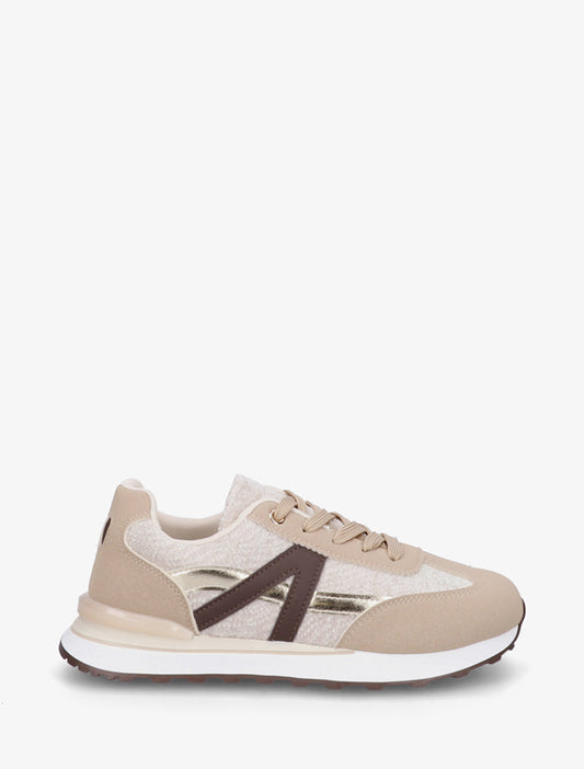 Sneakers effetto nabuk e tessuto con inserti a V - Beige