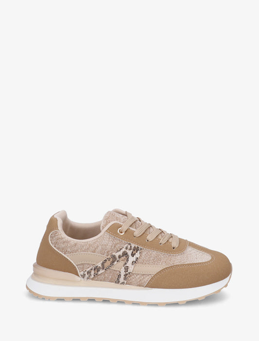 Sneakers effetto nabuk e tessuto con inserti a V leopardati - Beige scuro