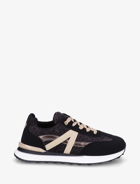 Sneakers effetto nabuk e tessuto iridescente con inserto a V - Nero