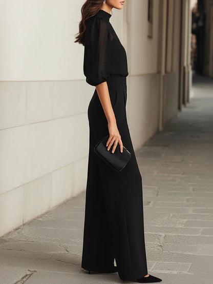 Valentina™ | Completo tre pezzi nero con top camisole trasparente e pantaloni a gamba larga